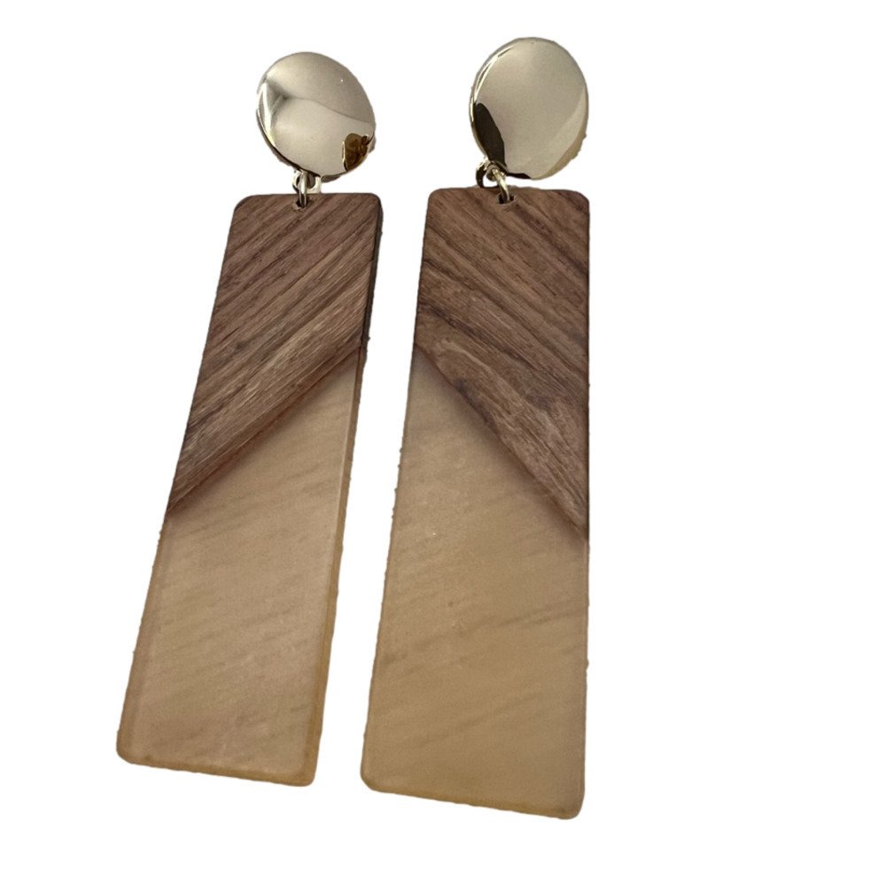 Funky acrylic mixed media rectangular dangle drop earrings on gold tone post